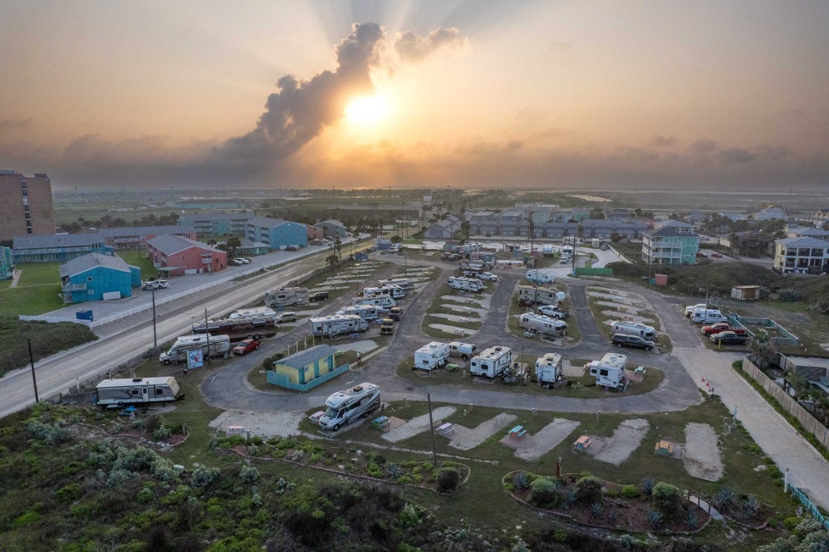 Sunset over On The Beach RV Park in Port Aransas, seen from above