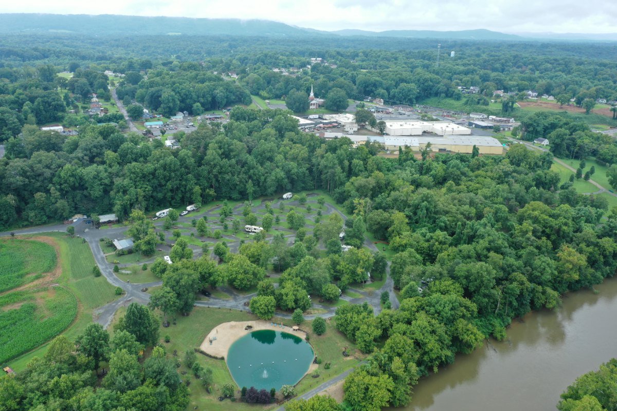 The Yadkin River and Barefoot Beach pond at Riverwalk, seen from above