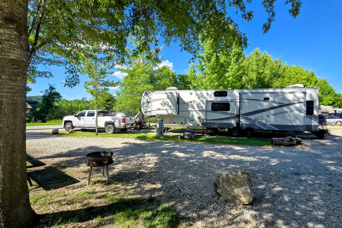 RVs on shaded sites at Ozarks Landing RV Resort