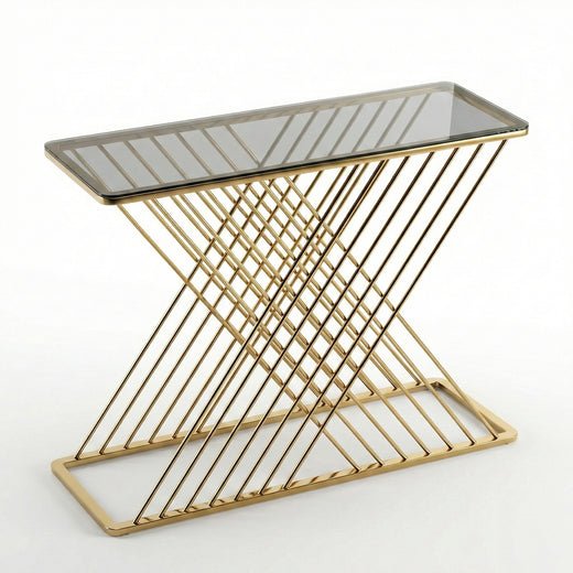 Tangle Console with crossed gold legs and a glass top