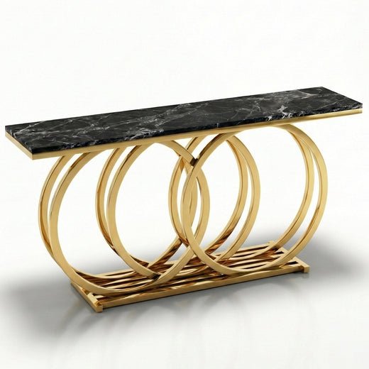 Summit Console with interlocking gold rings and a black marble top