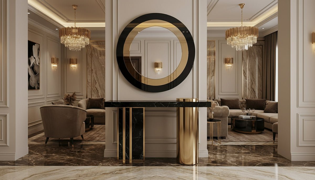 A marble entryway with a round black and gold mirror above a black and gold console