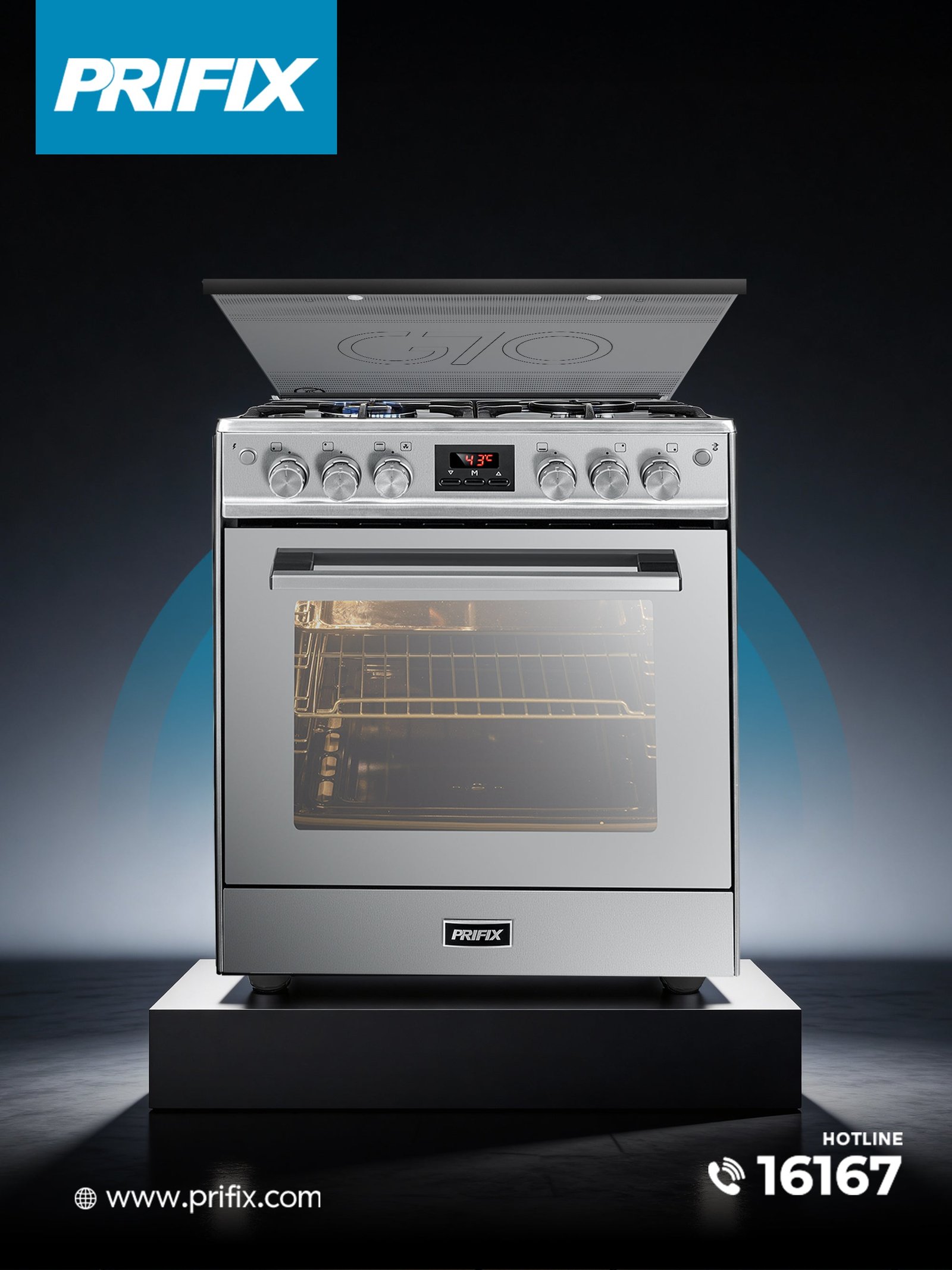 The Prifix G70 gas cooker in stainless steel, lit in a dark studio